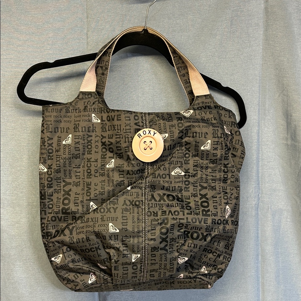Roxy Black Logo Print Tote bag with Pink Trim and Button
